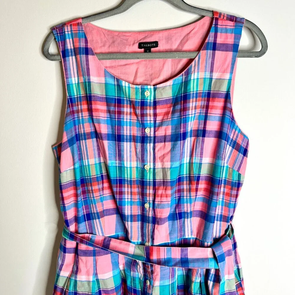 Talbots Madras Button Front Shirtdress Pink Blue Plaid Fit & Flare Summer Sz 12 - Picture 4 of 6
